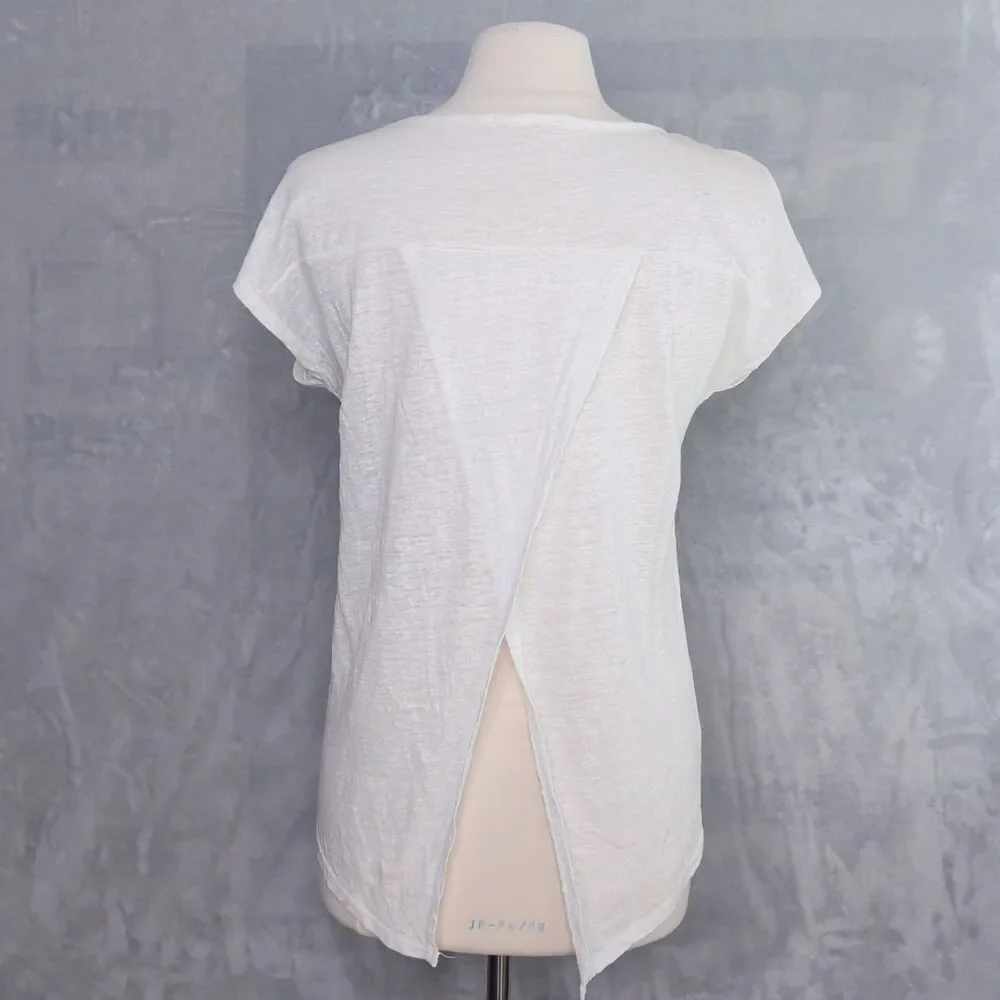 GIBSON Sheer White Linen Tee Size S Split-Back Beachy Lightweight Dolman Scoop